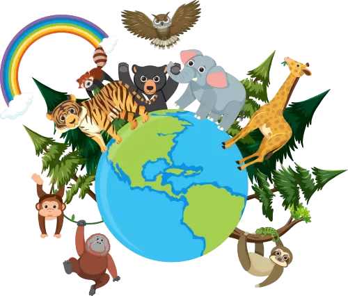 Dessin de la planète Terre entourée d'animaux du monde